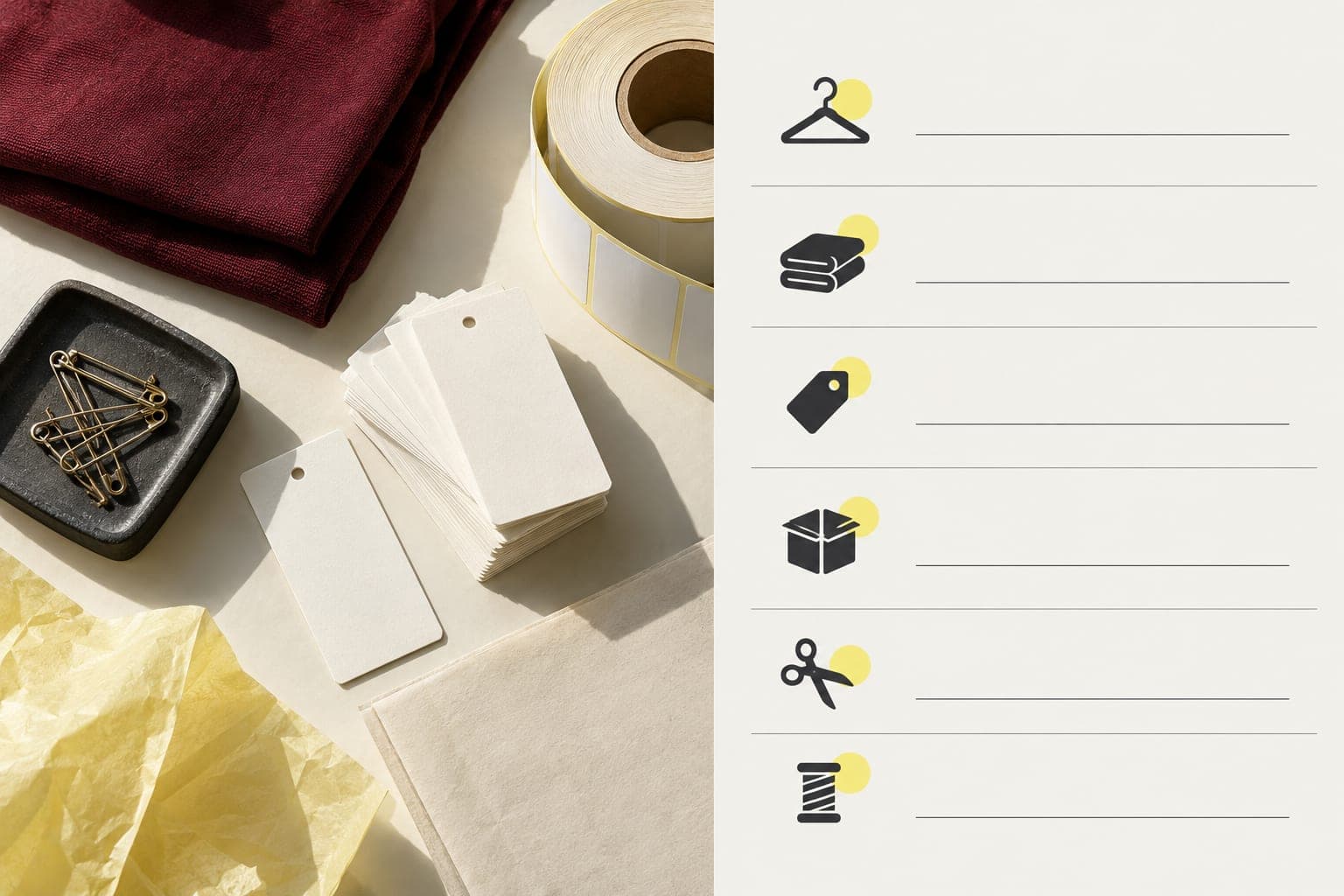 Blank garment tickets, a label roll and folded burgundy fabric