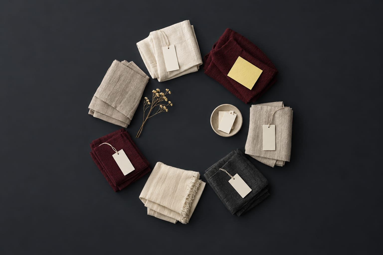 Folded textiles and blank garment tickets arranged in a circular field