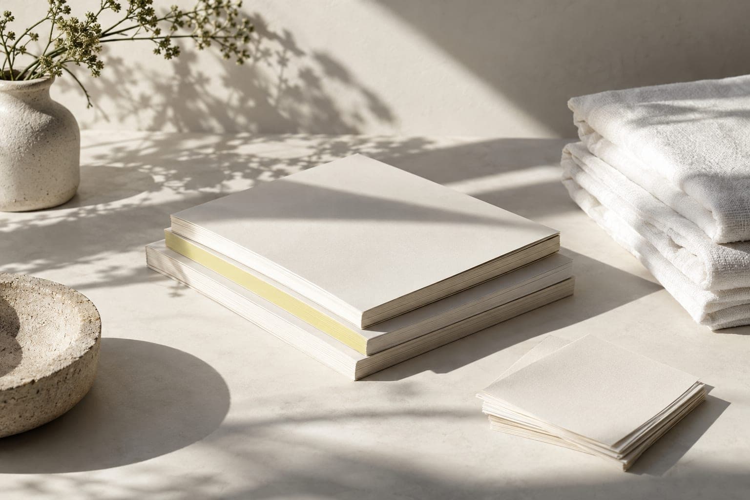 Blank retail guides, paper sheets and folded white cotton